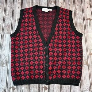 Vintage United States Sweaters Red Black Checkered Plaid Button Up Sweater - M